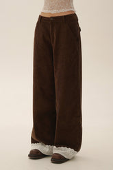 Vintage Corduroy Wide - Leg Pants with Lace Trim Patchwork - COPPING THREADS - MOROMORO